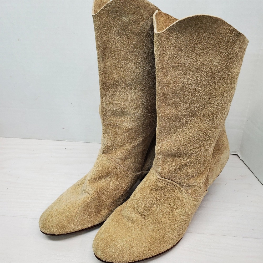 Kinney Shoes Tan Suede Slouchy Mid Calf Boots Low Heel Ankle Booties Size 7 M